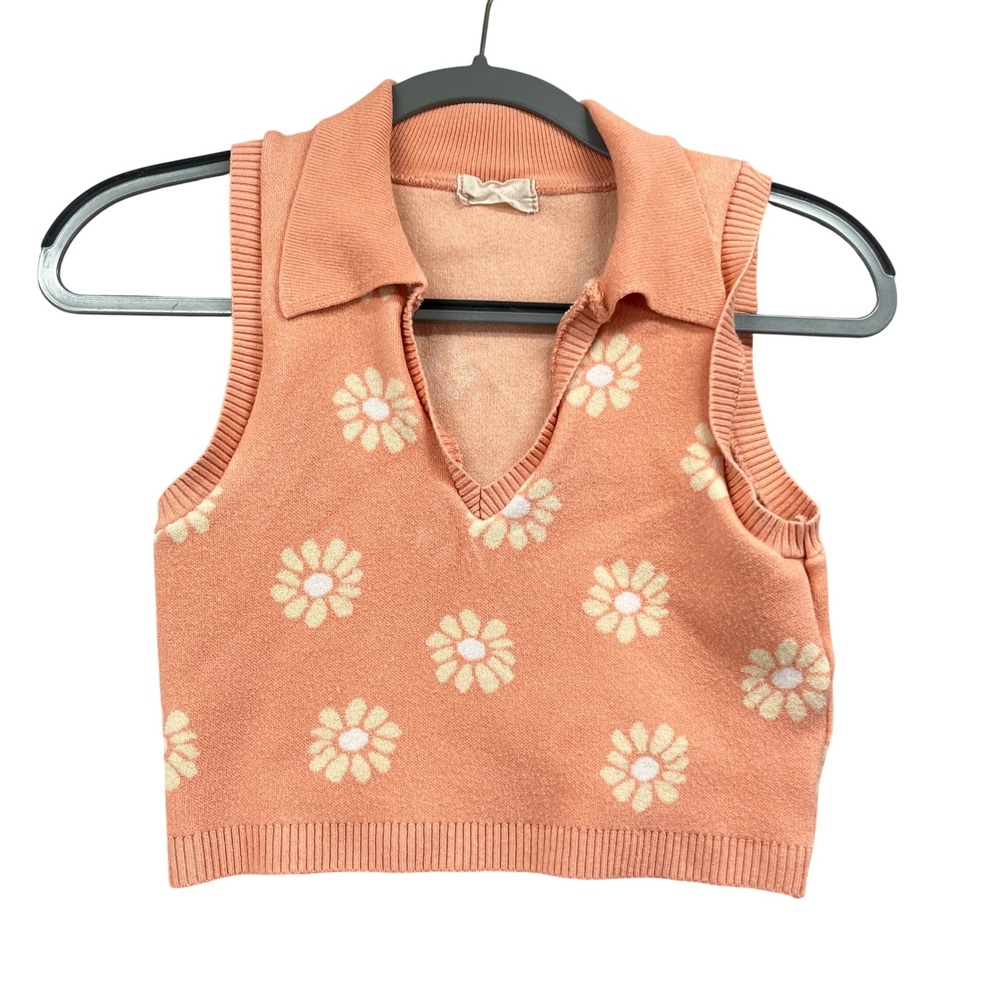 Altar'd State Sweater Vest Womens S‎ Peach Daisy Floral Knit Cropped Y2K